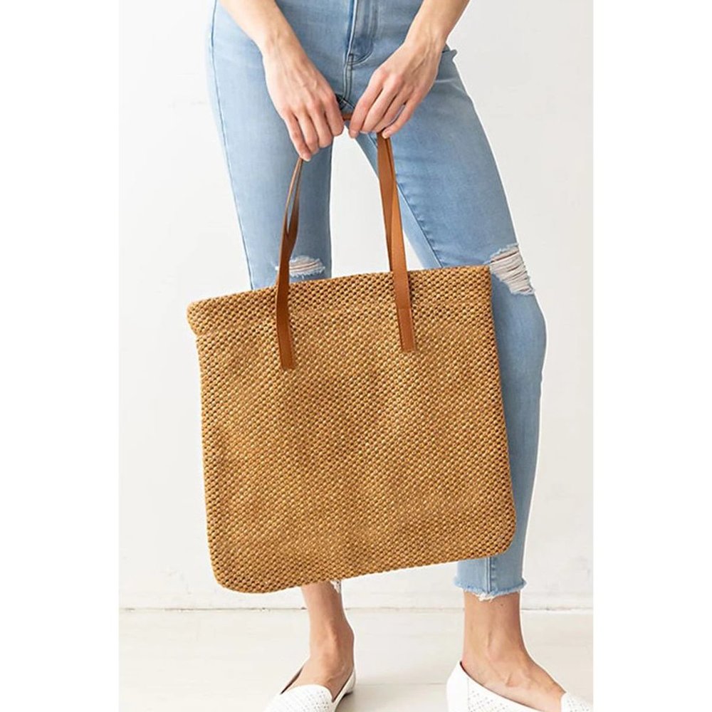 Tote Bag. Natural Tan Color Straw. Faux Leather Straps/Handles. NWT. - Picture 2 of 2